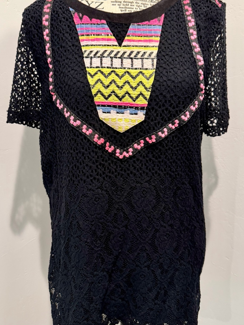 Custo Barcelona Black Crochet Short Sleeve Top with Neon Embroidered Yoke